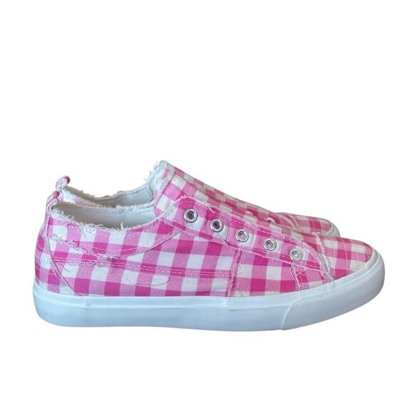 Corkys NEW Babalu Pink & White Gingham Print Slip On Sneakers Size 8 - Picture 2 of 9